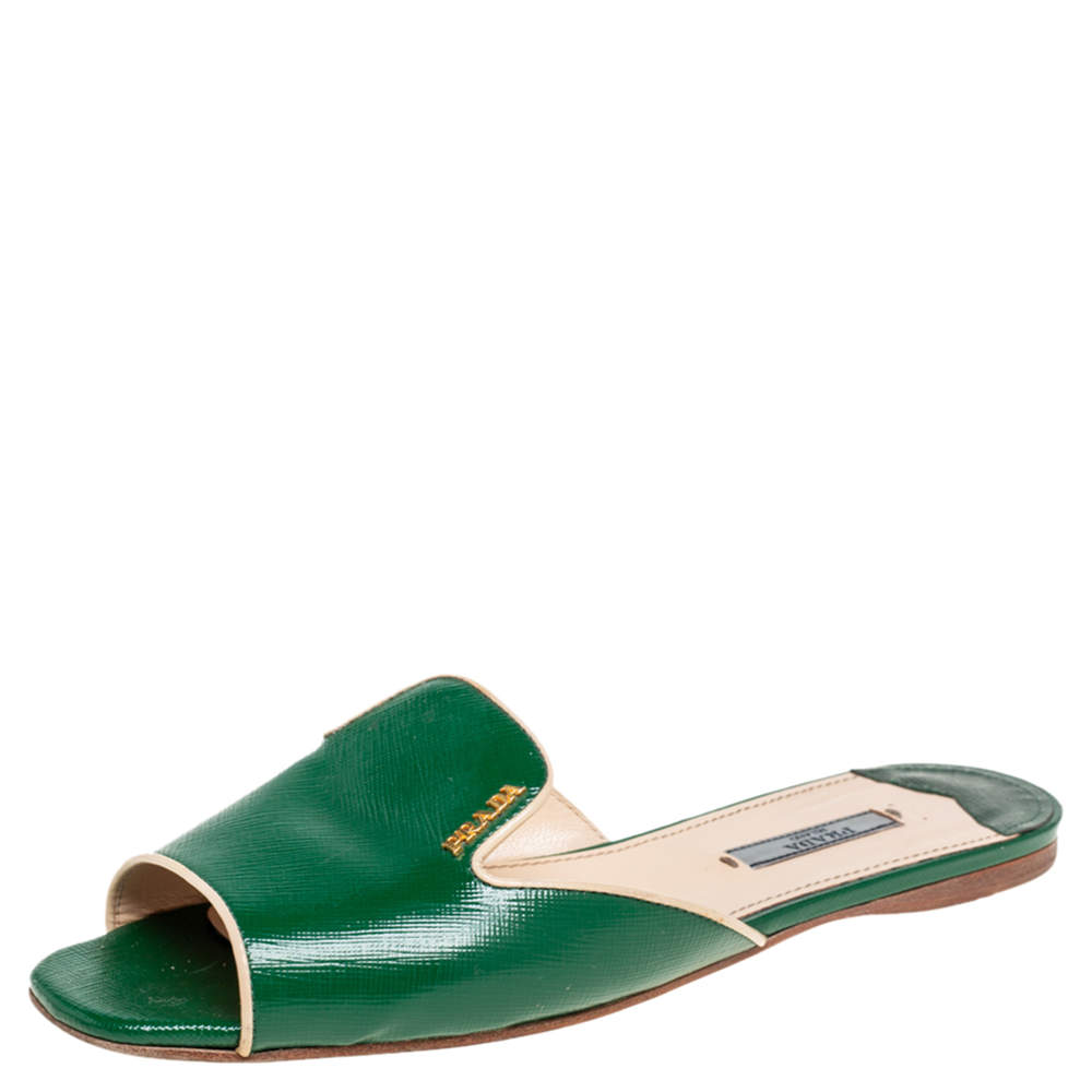 Prada Green Saffiano Patent Leather Flat Slides Size 39 Prada The Luxury Closet 2165