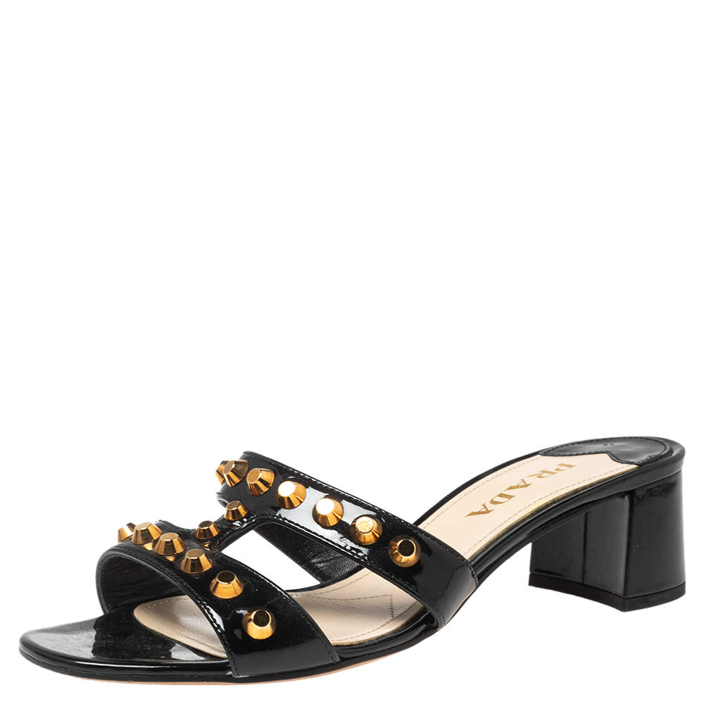 Pre Owned Prada Black Patent Leather Studded Slide Sandals Size 37