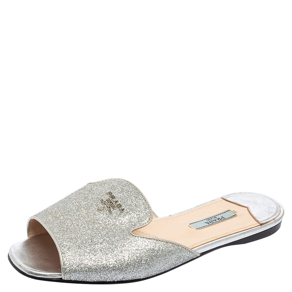 Pre Owned Prada Metallic Silver Glitter Flat Slides Size 38