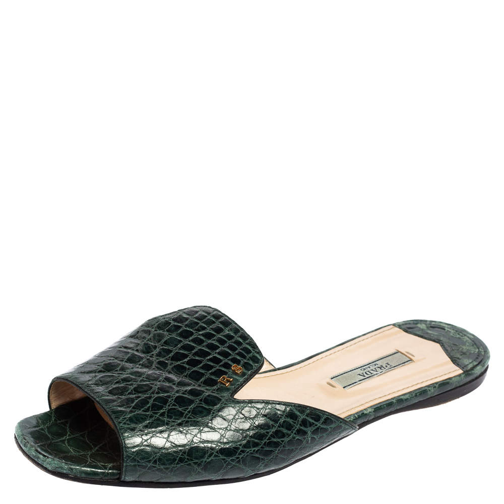 Pre Owned Prada Bottle Green Croc Embossed Leather Flat Slides Size 38