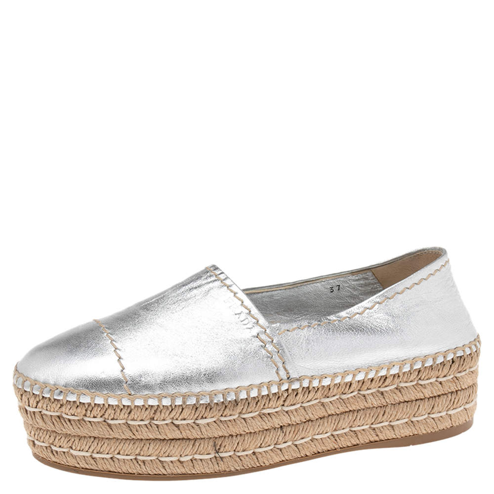 Pre Owned Prada Silver Leather Platform Flat Espadrilles Size 37