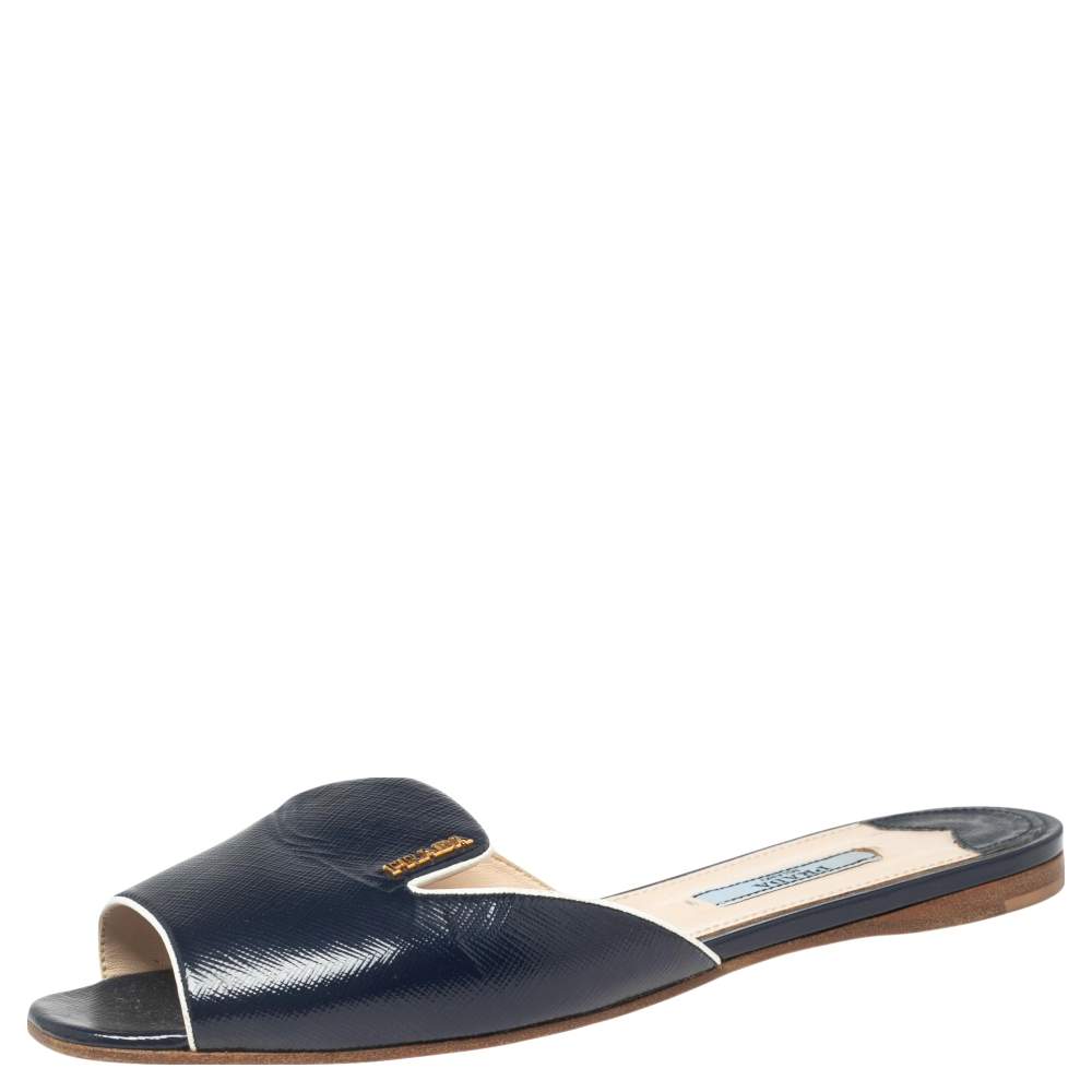 Pre Owned Prada Navy Blue Vernice Saffiano Leather Flat Slides Size 37