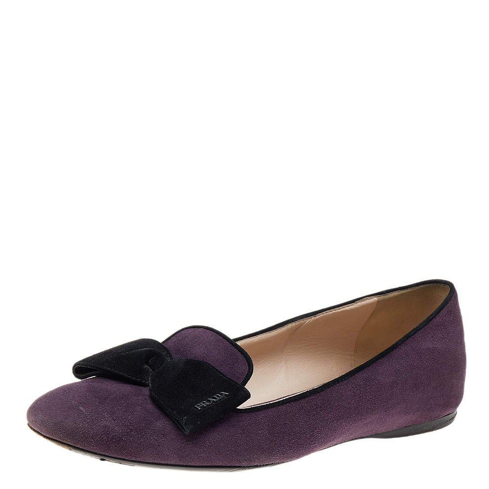 Pre Owned Prada Purple/Black Suede Bow Ballet Flats Size 40