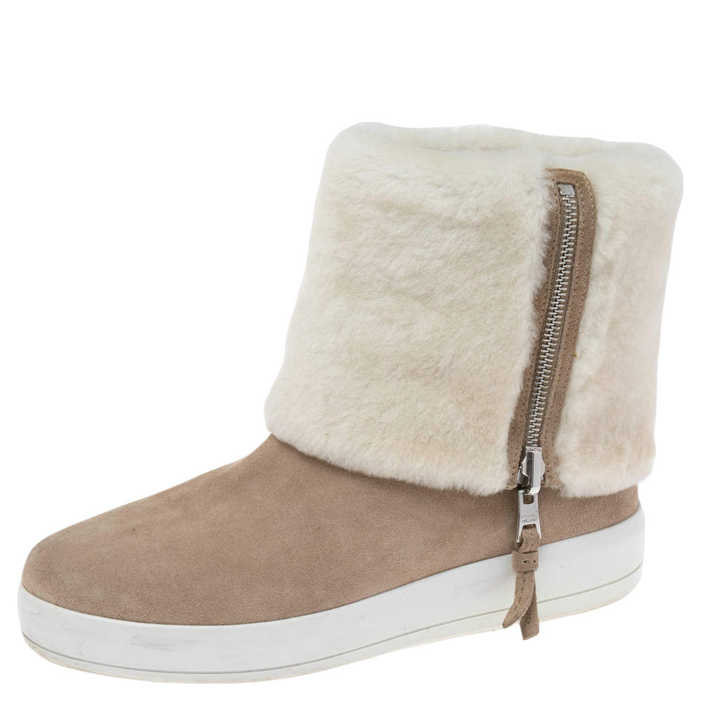 Pre Owned Prada Beige/White Suede and Shearling Fur Zip Mid Calf Boots Size 39.5