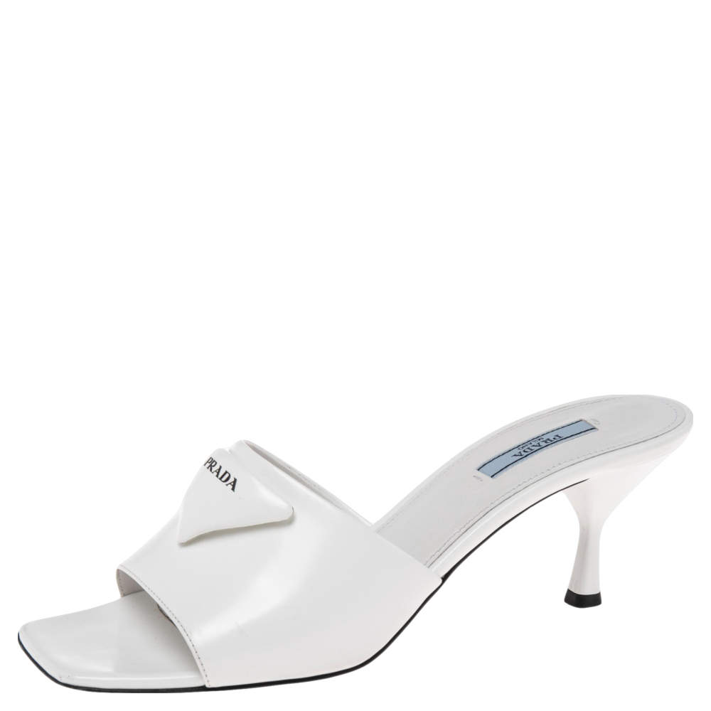 Prada White Leather Slide Logo Sandals Size 39.5 Prada | The Luxury Closet