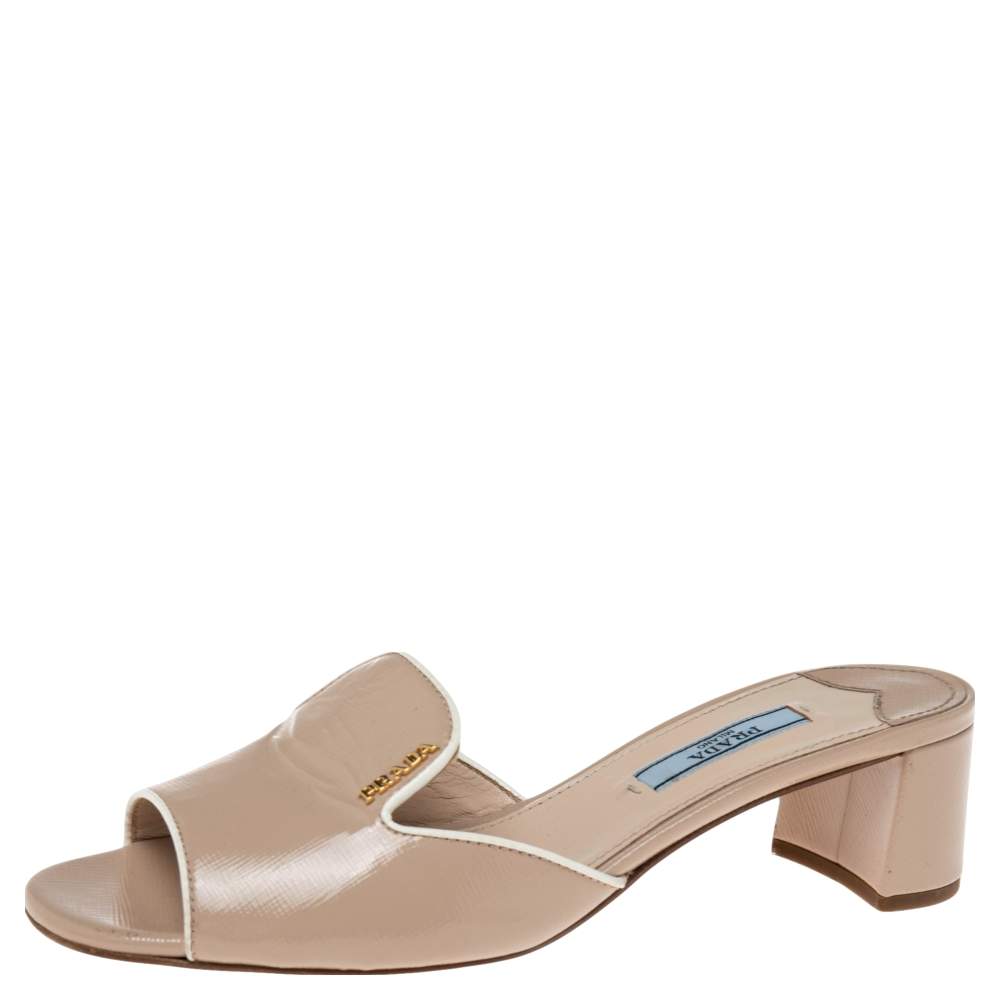 Pre Owned Prada Beige Saffiano Vernice Leather Slide Sandals Size 37