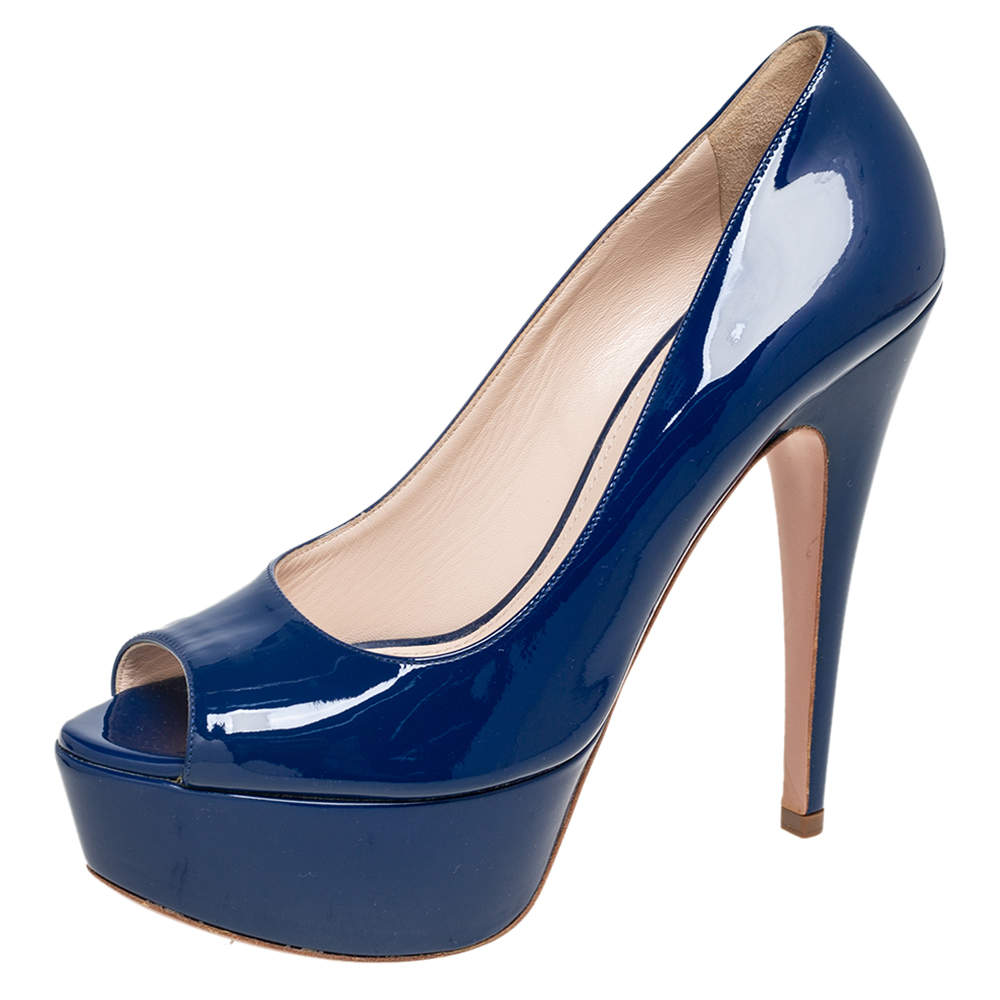 Pre Owned Prada Navy Blue Patent Leather Peep-Toe Platform Pumps Size 38.5