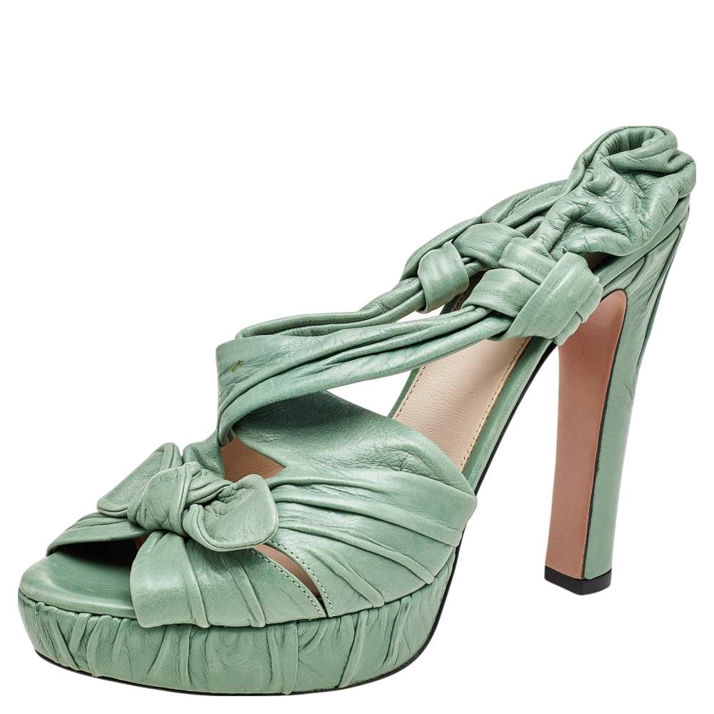 Prada Green Pleated Leather Bow Detail Slingback Platform Sandals Size 40