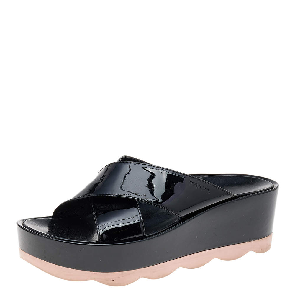 Pre Owned Prada Black Patent Leather Criss Cross Platform Slide Sandals Size 38