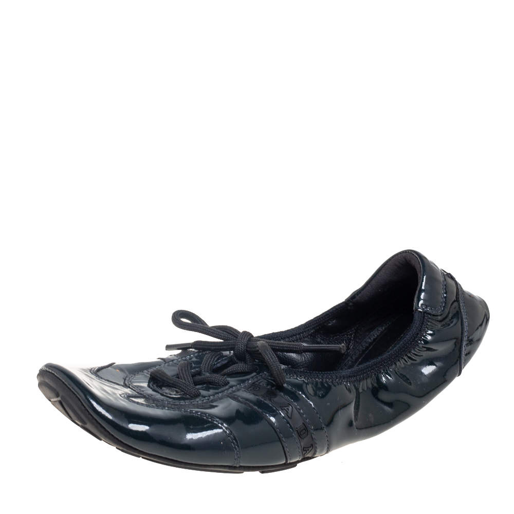 Pre Owned Prada Sport Black Patent Leather Lace-up Scrunch Ballet Flats Size 38