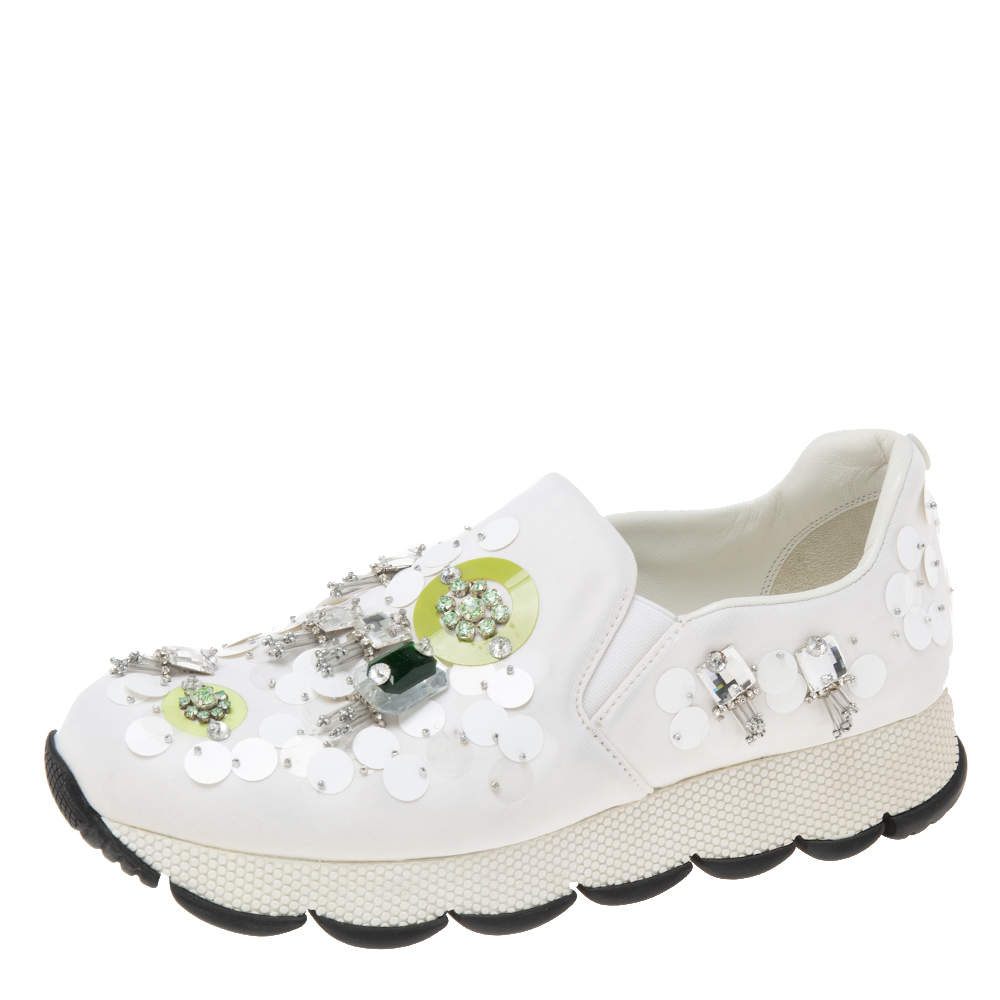 Pre Owned Prada White Fabric Crystals Embellished Slip-On Sneakers Size 37