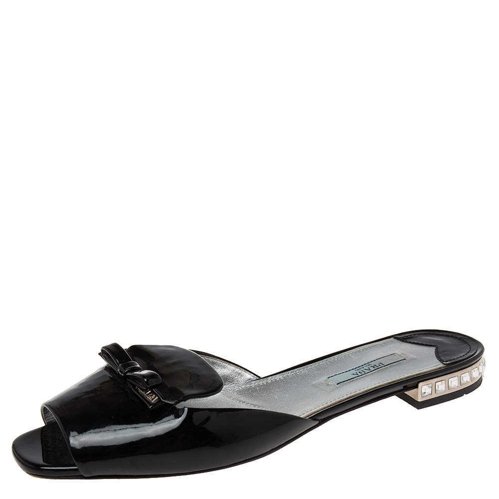 Pre Owned Prada Black Patent Leather Bow Flat Slide Sandals Size 40