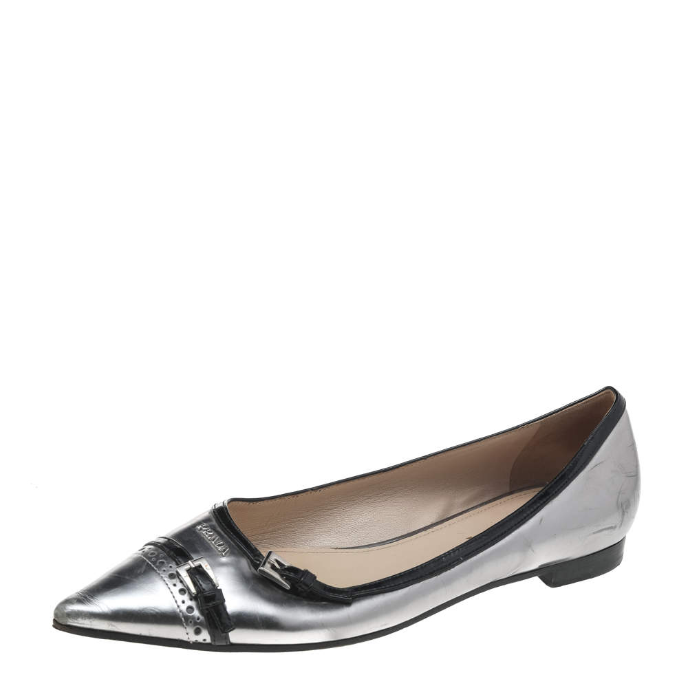 Pre Owned Prada Silver Patent Leather Buckle Detail Pointed Toe Flats Size 37