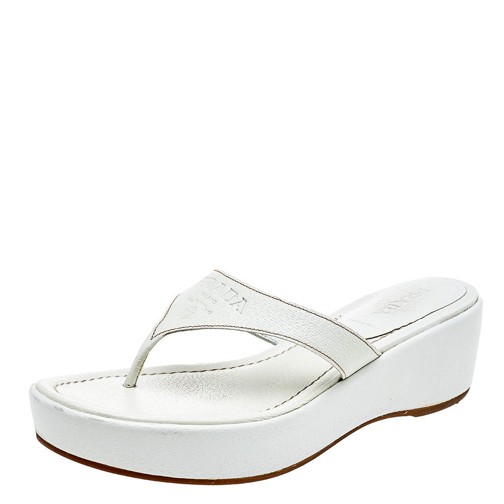 Pre Owned Prada White Leather Platform Thong Sandals Size 41