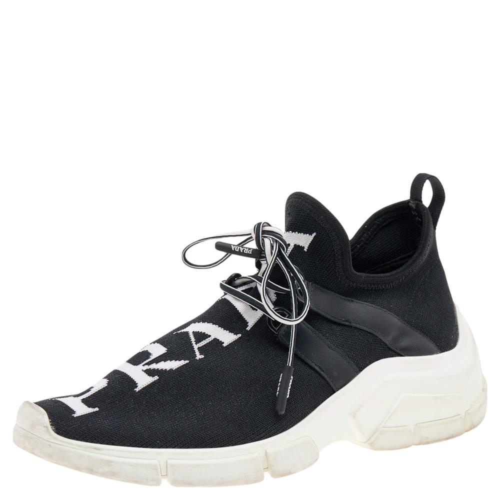 Pre Owned Prada Black Logo Knit Fabric Low Top Sneakers Size 35