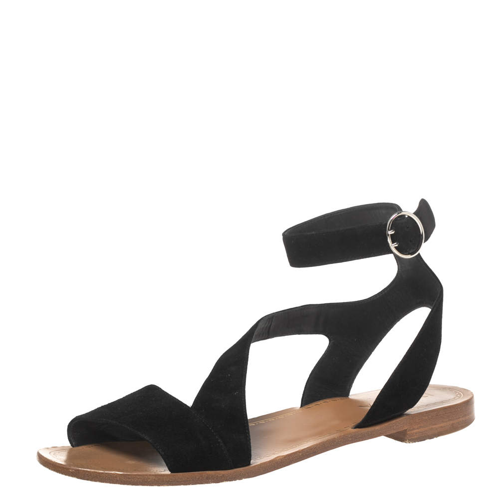 Prada Black Suede Ankle Wrap T Strap Flat Sandals Size 40