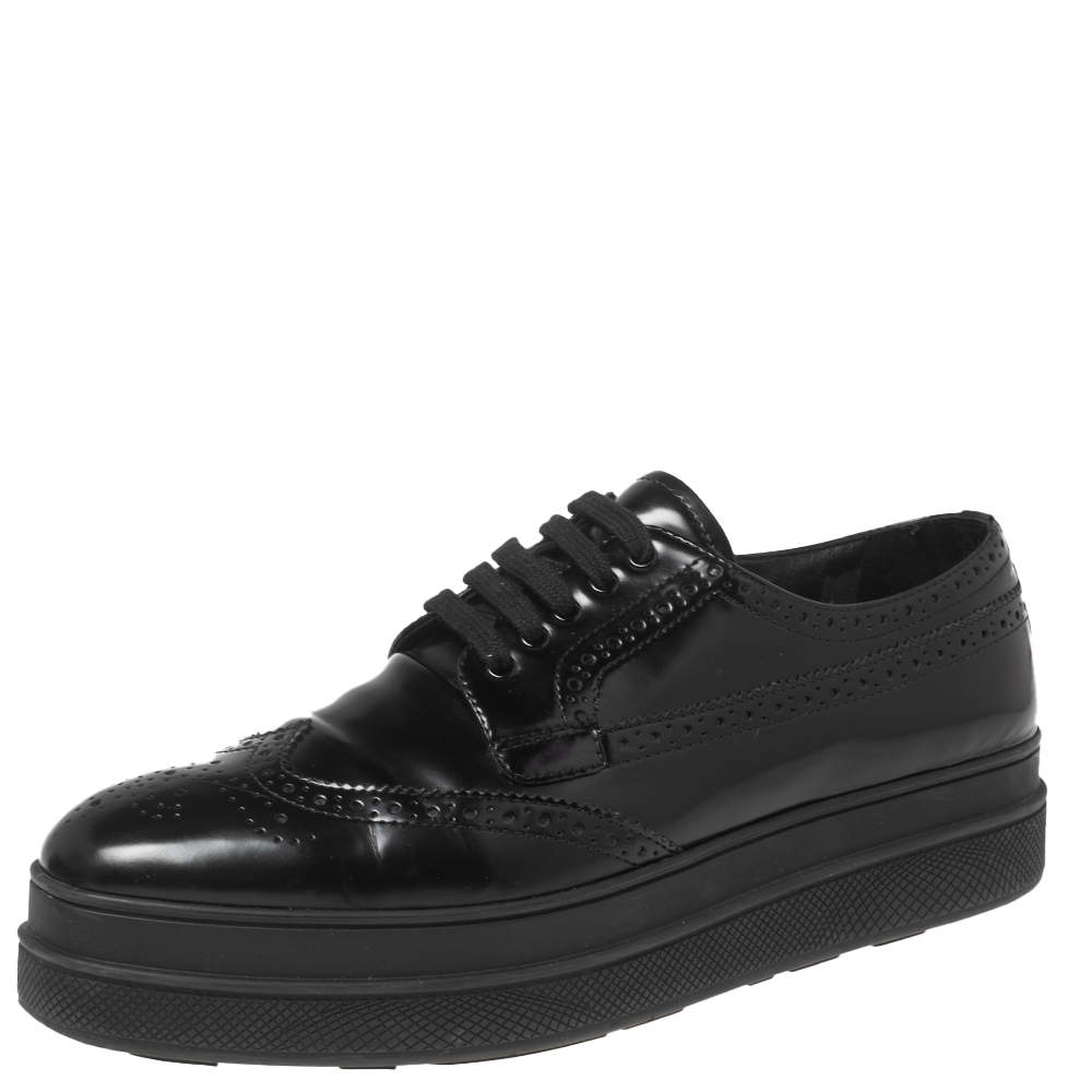 Pre Owned Prada Black Patent Brogue Leather Platform Derby Size 40.5