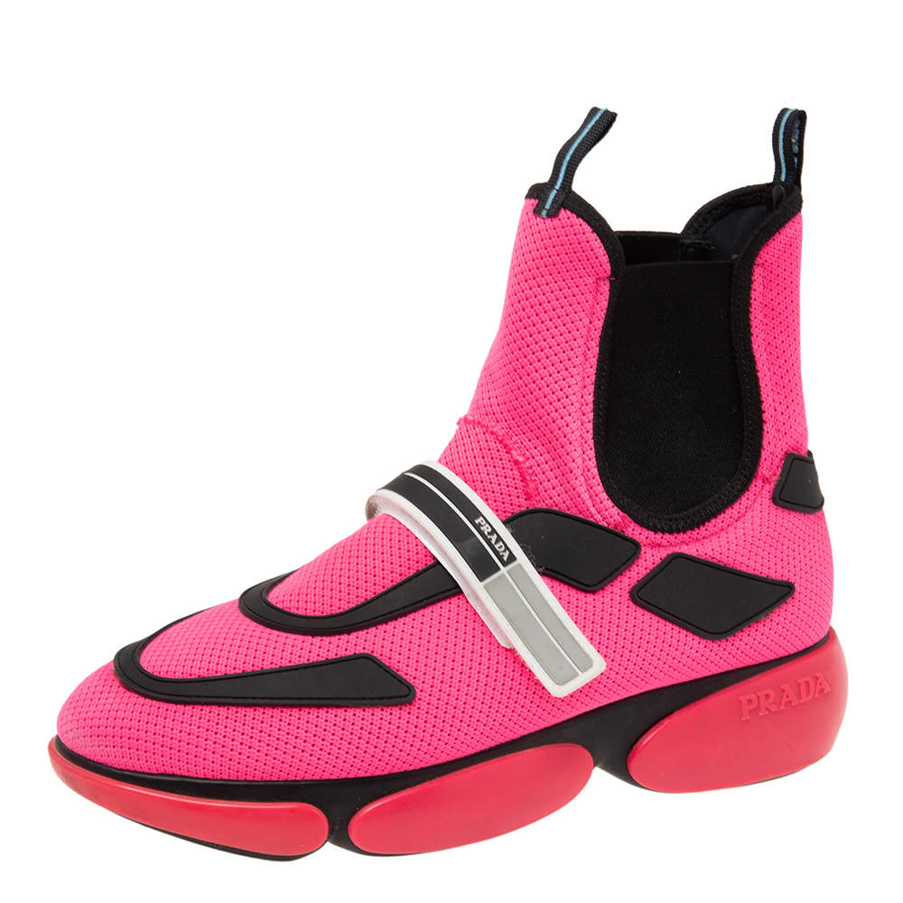 Pre Owned Prada Neon Pink/Black Mesh and Rubber Trim Cloudbust High-Top Sneakers Size 38