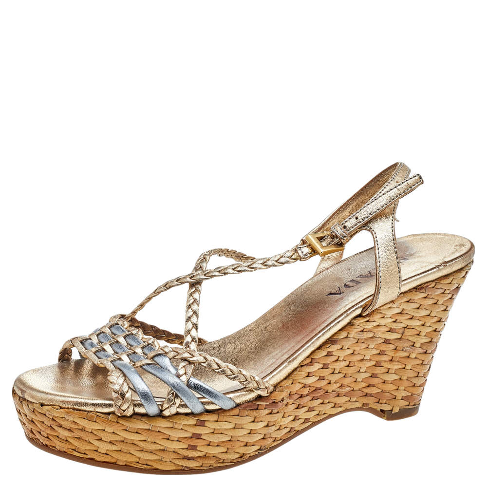 Pre Owned Prada Metallic Gold/Silver Leather Braided  Platform Wedge Sandals Size 35