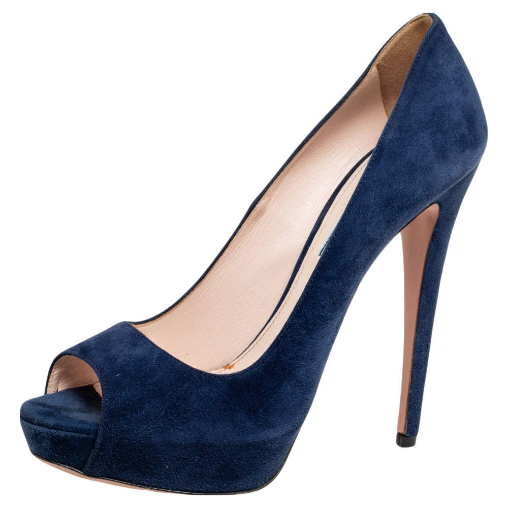 Pre Owned Prada Blue Suede Peep Toe Platform Pumps Size 39.5
