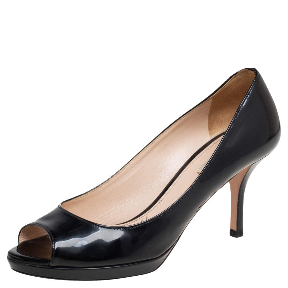 Pre Owned Prada Black Patent Leather Peep-Toe Pumps Size 37.5