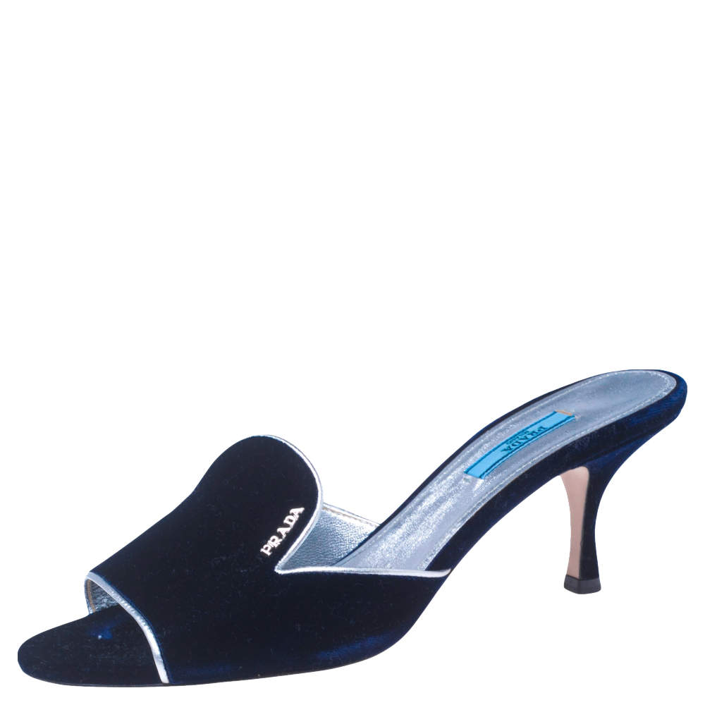 Pre Owned Prada Navy Blue Velvet Open Toe Slide Sandals Size 41