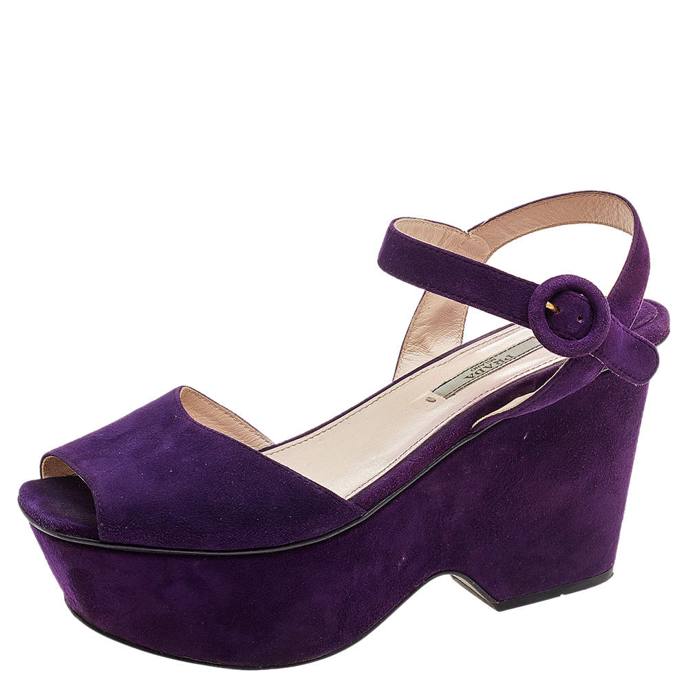 Pre Owned Prada Purple Suede Leather Wedge Peep Toe Platform Sandals Size 38