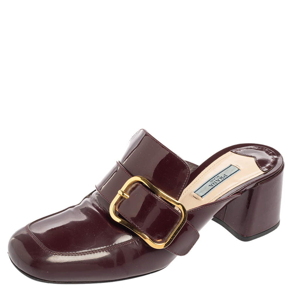 Pre Owned Prada Plum Patent Leather Buckle Block Heel Mules Size 40