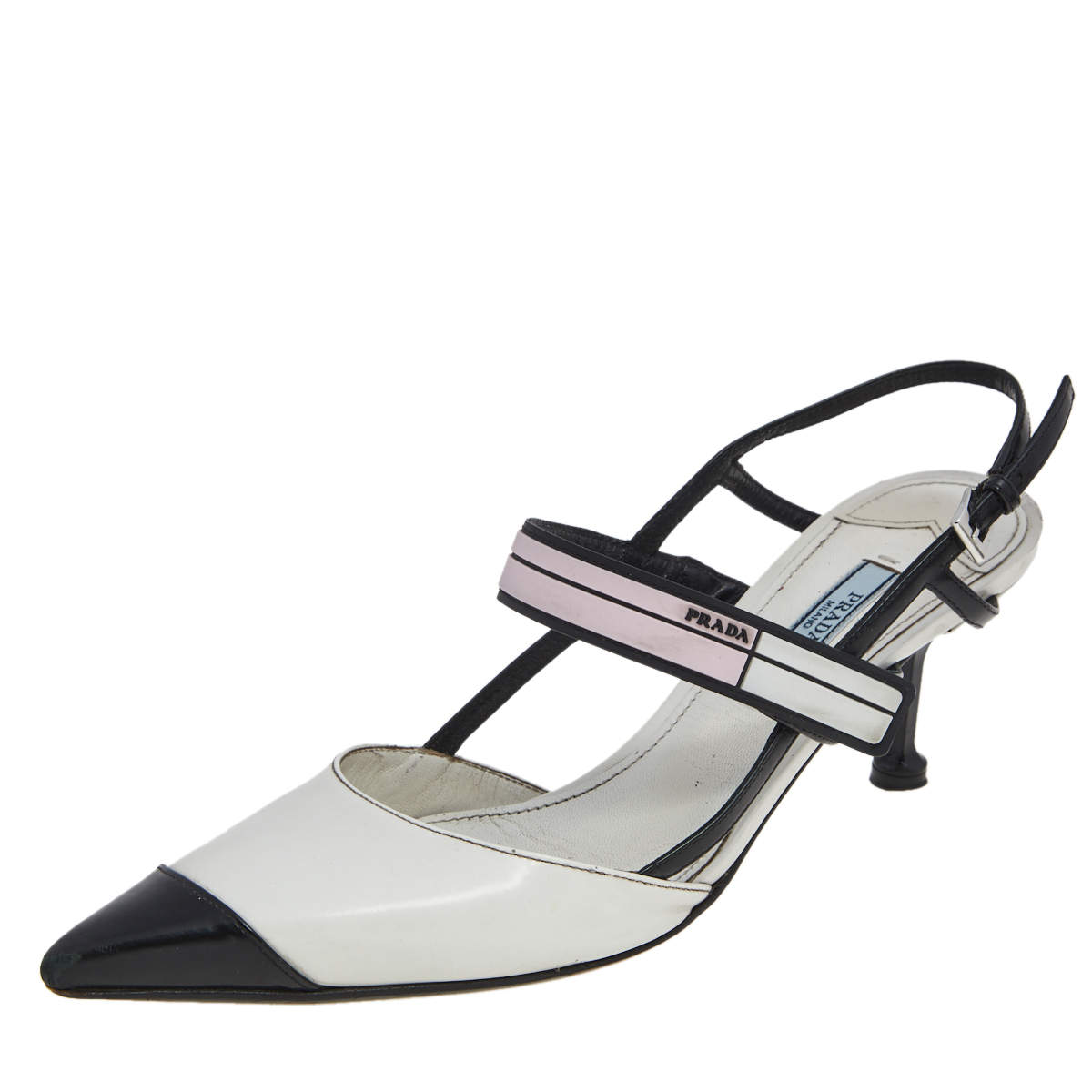 Pre Owned Prada White/Black Leather Cap Toe Slingback Sandals Size 39