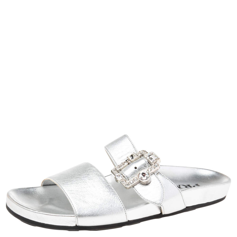 Pre Owned Prada Metallic Silver Leather Double-Strap Crystal Embellished Slides Size 39