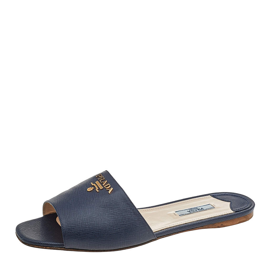 Pre Owned Prada Navy Blue Saffiano Leather Logo Embellished Flat Slides Size 41