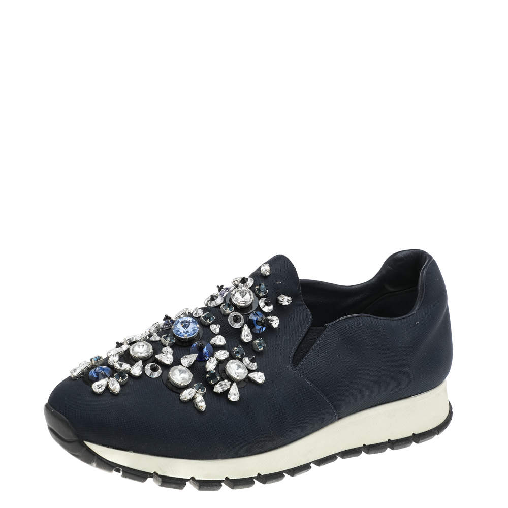 Pre Owned Prada Navy Blue Canvas Crystal Embellished Slip On Sneakers Size 37.5