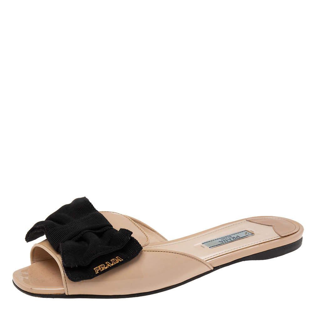 Prada Beige/Black Patent Leather and Fabric Bow Flat Slides Size 37.5 