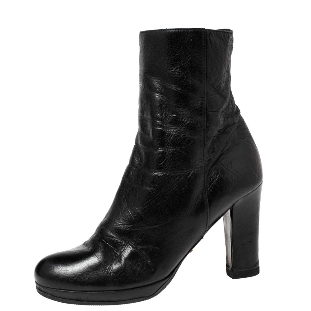 Pre Owned Prada Black Leather Platform Ankle Boots Size 36