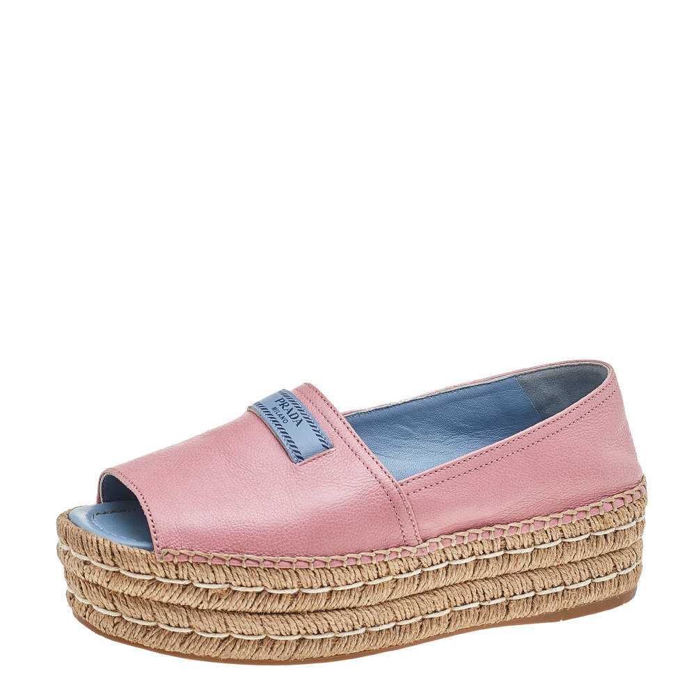 Pre Owned Prada Pink Leather Peep Toe Platform Espadrille Flats Size 38