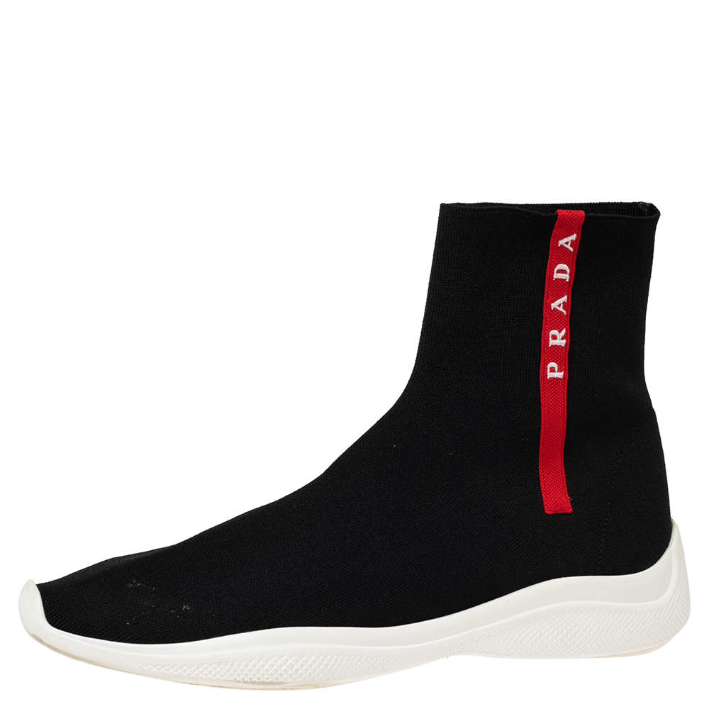 Pre Owned Prada Black Knit Fabric High Top Slip On Sneakers Size 40.5 