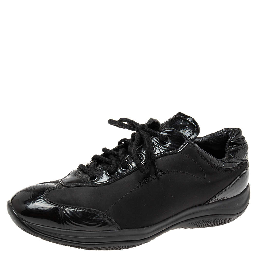 Pre Owned Prada Black Nylon And Patent Leather Low Top Sneakers Size 39