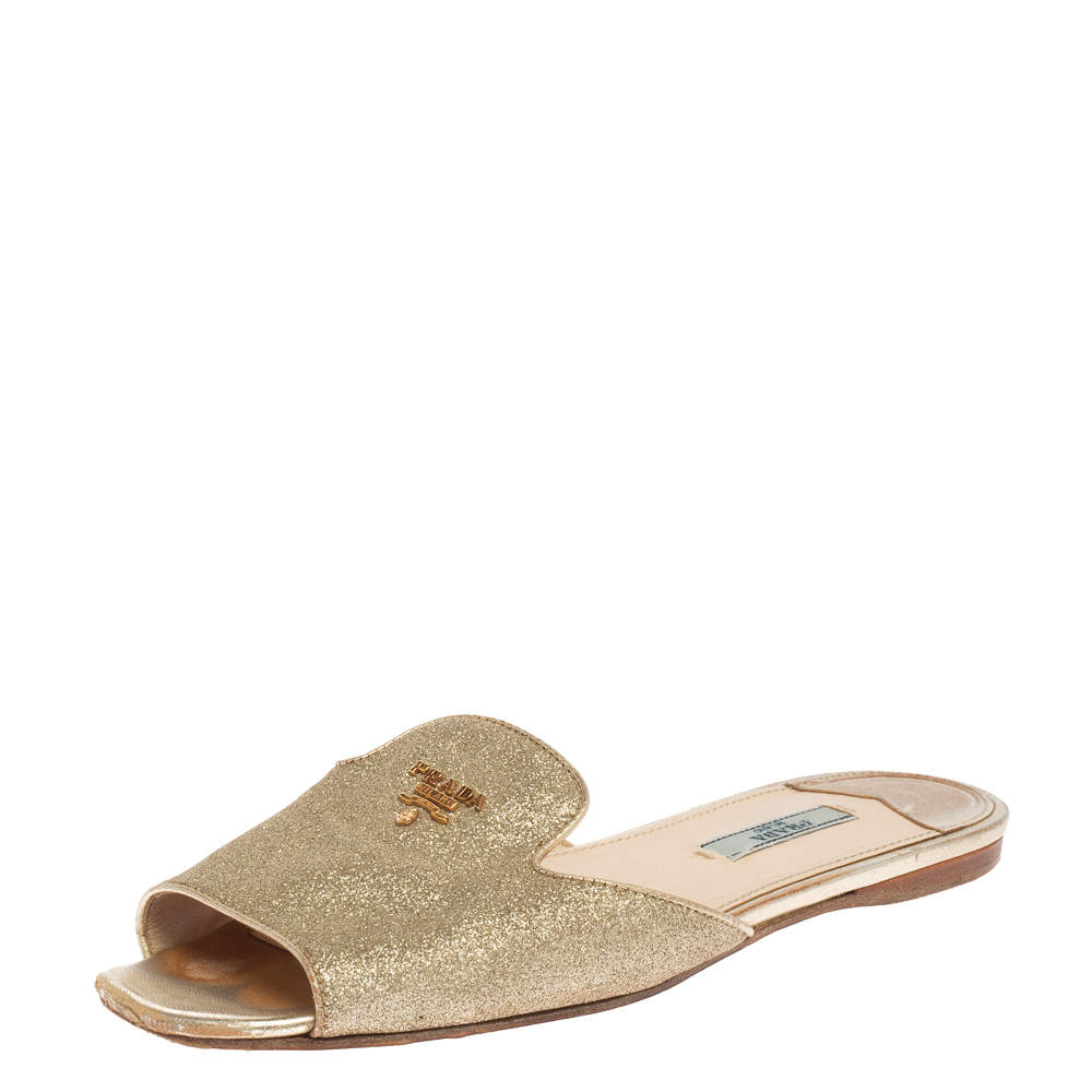 Prada Gold Glitter Flat Slides Size 38