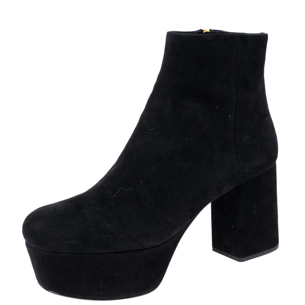Pre Owned Prada Black Suede Platform Ankle Boots Size 39.5