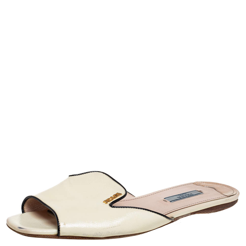 Pre Owned Prada Cream Saffiano Vernice Leather Flat Slides Size 39
