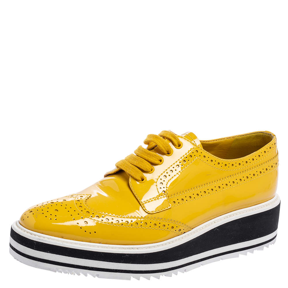 Prada Yellow Brogue Patent Leather Platform Derby Size 38