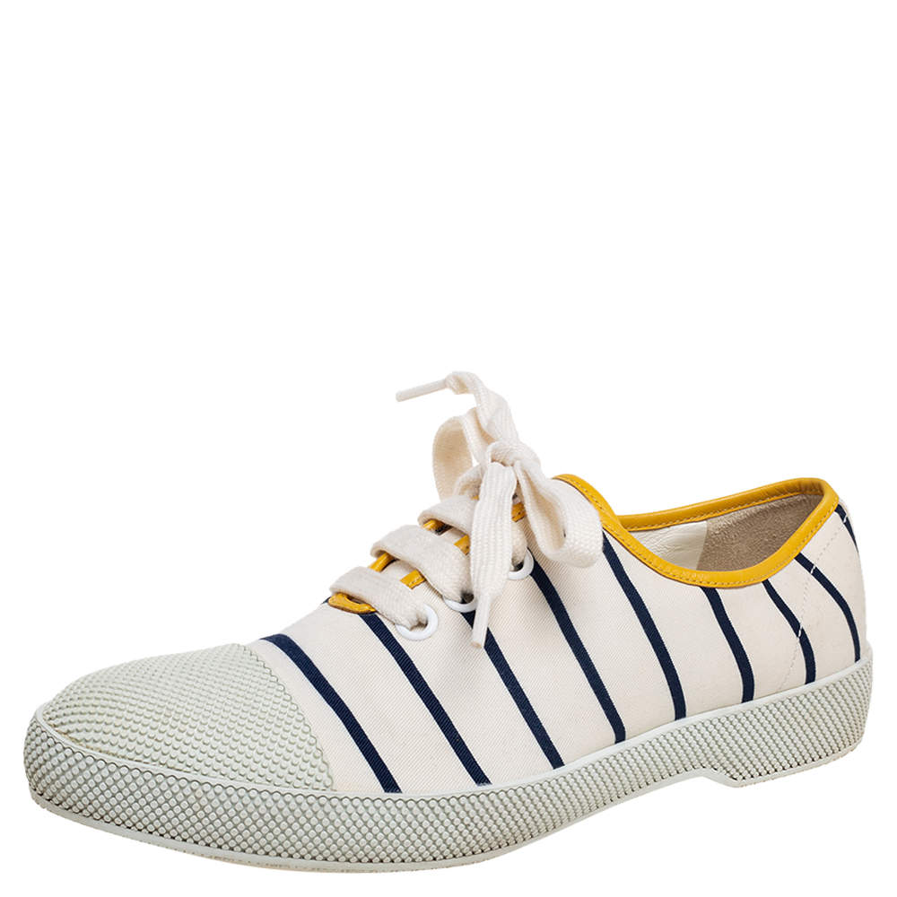 Pre Owned Prada Off White/Blue Canvas Lace Up Cap Toe Sneakers Size 38