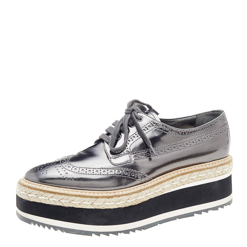 Pre Owned Prada Metallic Grey Brogue Leather Wave Wingtip Espadrille Platform Derby Sneakers Size 39.5
