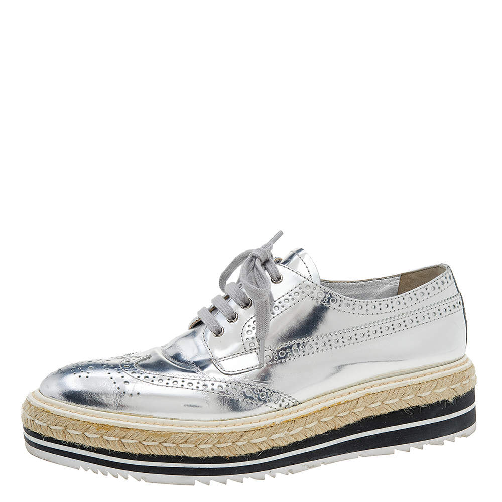 Pre Owned Prada Metallic Silver Brogue Leather Wingtip Espadrille Platform Derby Sneakers Size 40