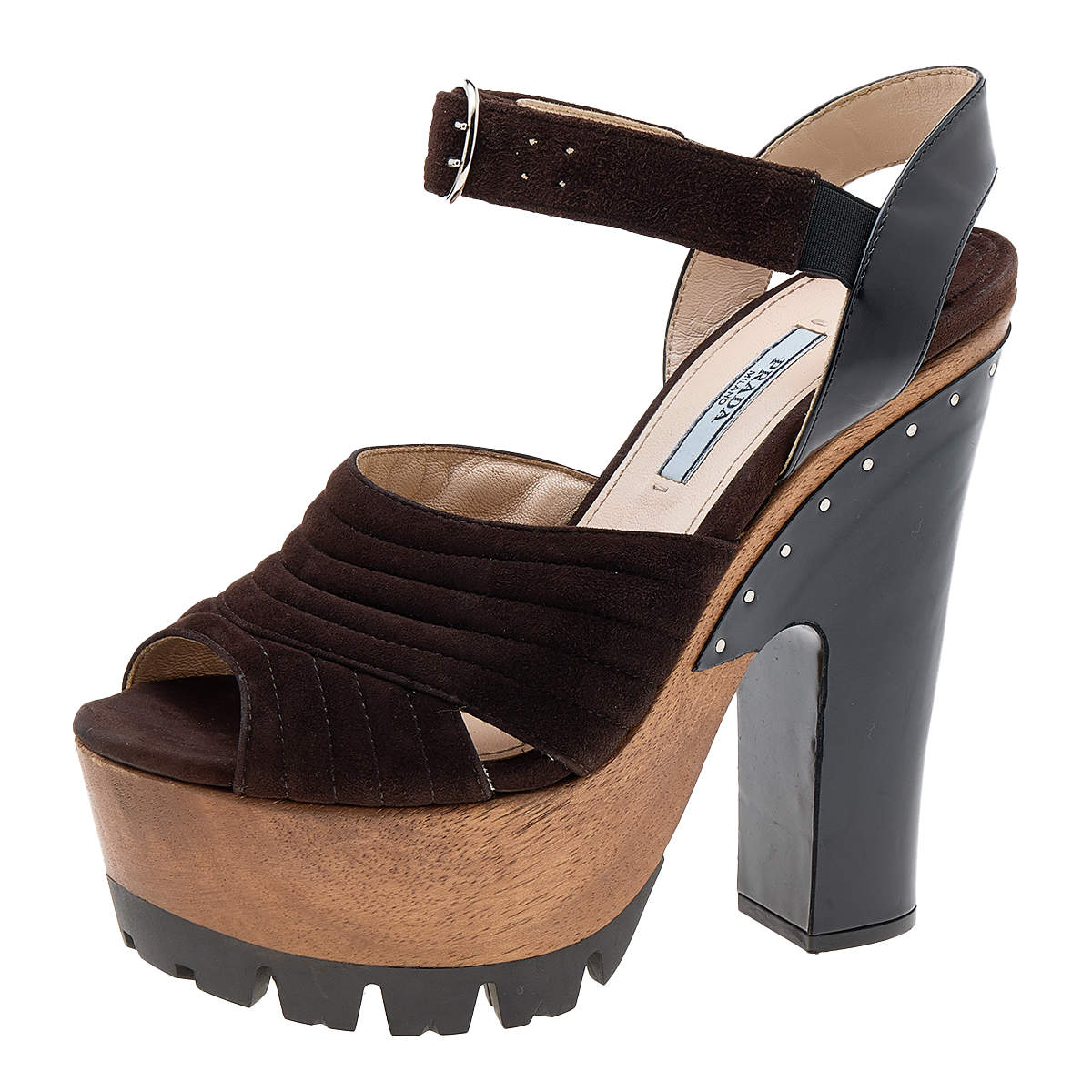 Prada Brown/Black Suede and Leather Ankle Strap Platform Sandals Size 36.5