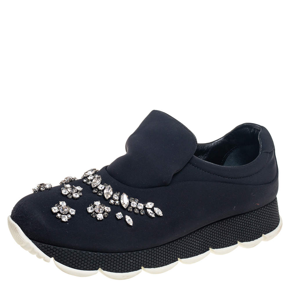 Pre Owned Prada Black Nylon Crystal Embellished Slip On Sneakers Size 40