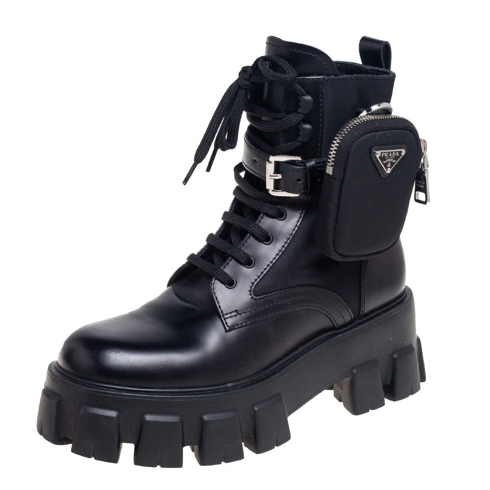 Pre Owned Prada  Black Leather Monolith Ankle Boots Size 37