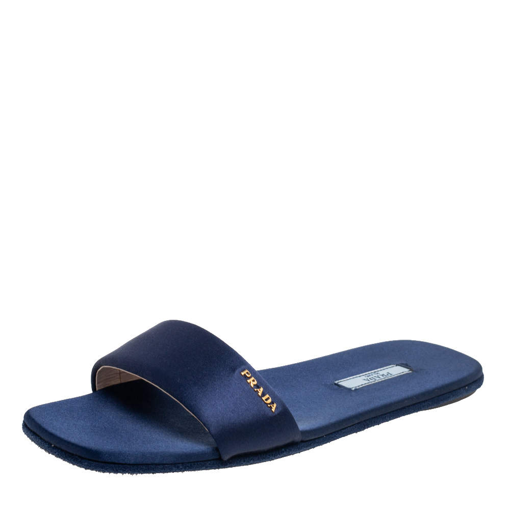 Pre Owned Prada Ink Blue Satin Flat Slides Size 37.5