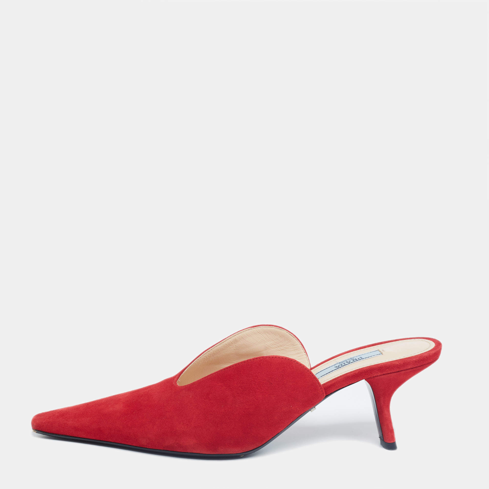 Pre Owned Prada Red Suede Pointed Mule Sandals Size 38
