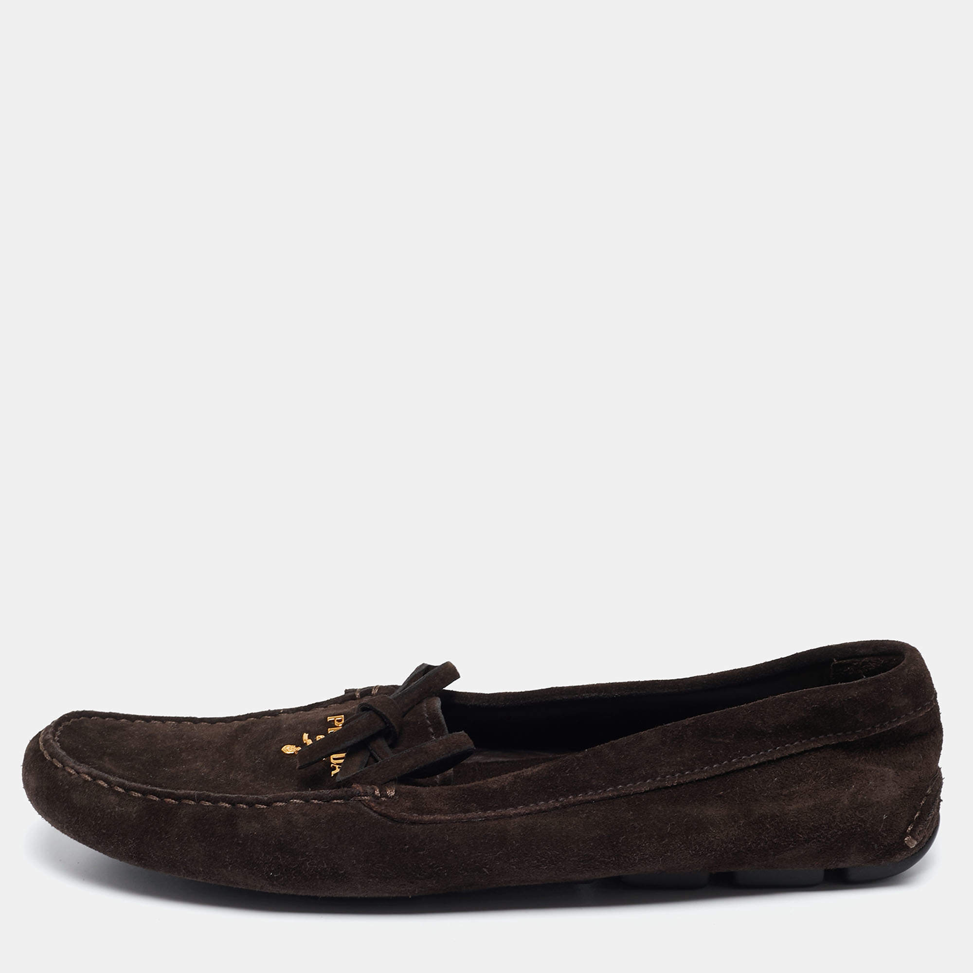 Pre Owned Prada Dark Brown Suede Bow Loafers Size 38